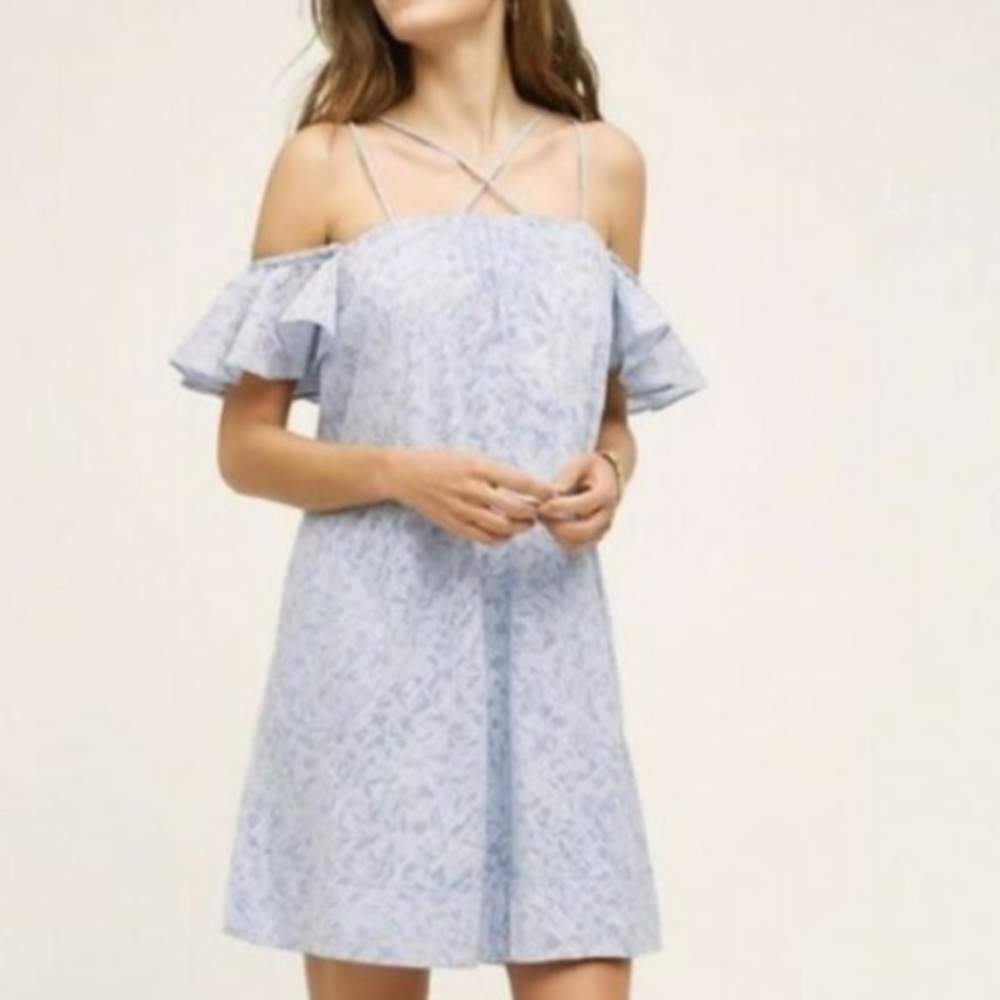 Anthropologie HD Paris Dayflower Mini Dress Off Shoulder Blue White - Size small
